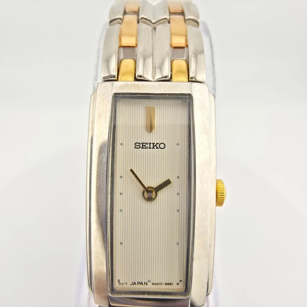Vtg SEIKO Ladies Watch 4N00-7089 White Rectangle Dial Silver Gold Plate 7.25